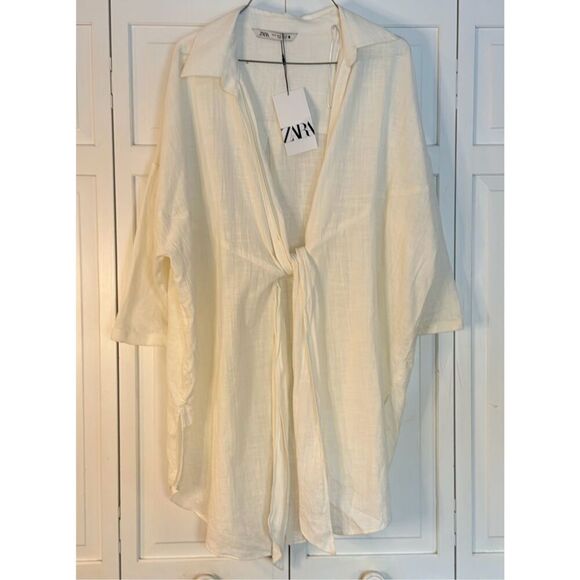 Zara NWT cotton white collared tie front blouse coverup M - Picture 10 of 10